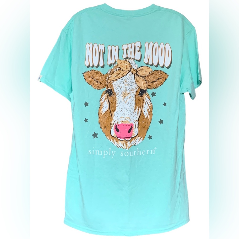 NWT Simply Southern aqua green graphic cow not in the mood phrase t-shirt